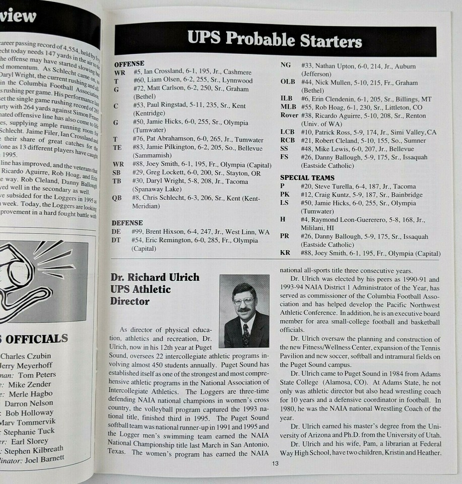 1995 Puget Sound Loggers vs Pacific Lutheran Lutes Football Program