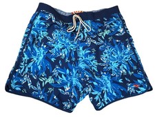 Ted Baker Men Sz 7 3XL Blue Geo Floral Swim Trunks Mesh Lined Drawstring Lobster