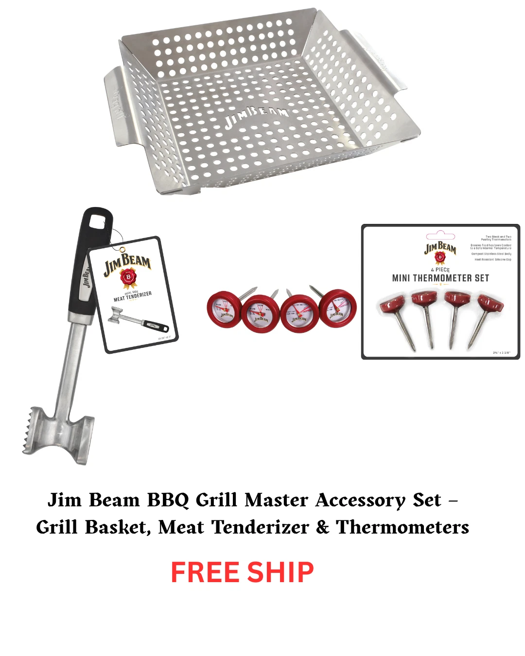 Jim Beam Grill Master Accessory Set-Grill Basket,Meat Tenderizer & Thermometers