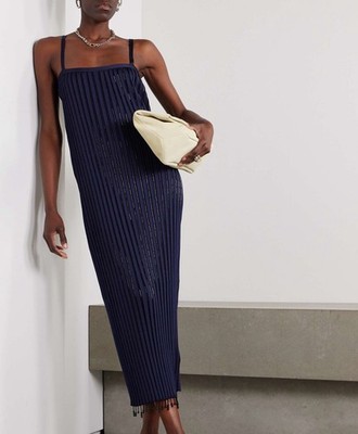 Jil Sander $2490 Bead Embellished Rib Knit Maxi Dress Navy Blue NWT FR 36 / US 4