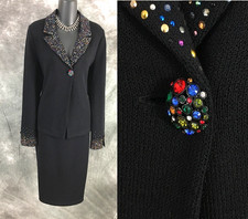 BEAUTIFUL st john evening knit black rhinestones embellished skirt suit 10 12