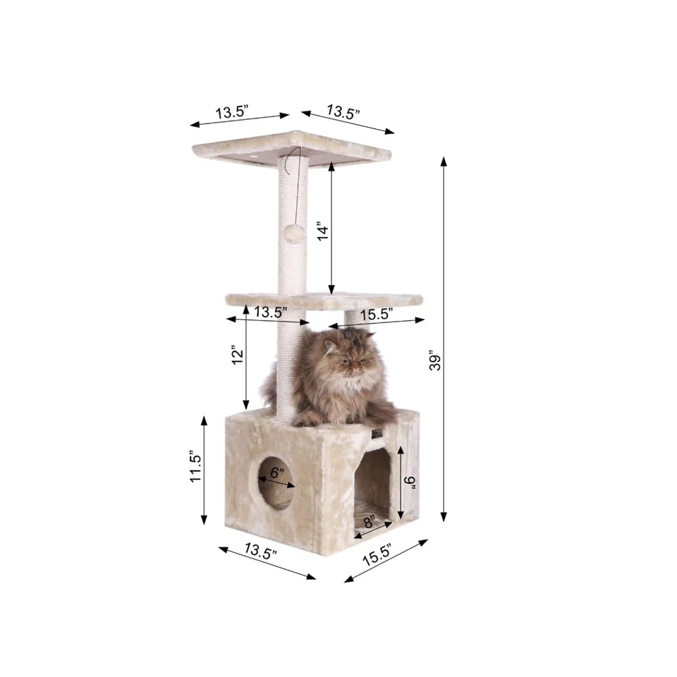 Mueble de madera real árbol gato 3 niveles beige 39 pulgadas con poste rascador de sisal Foto 2 de 4