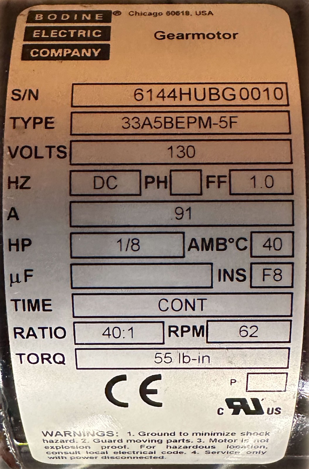 Bodine Electric Company 33A5BEPM-5F Right Angle DC Gearmotor 1/8hp 130v RPM 62