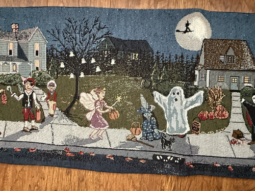 Halloween Tapestry Table Runner Kids Trick or Treat Vintage 13”x 36” - Picture 6 of 9