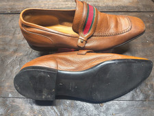 Gucci Men's Brown Leather Logo Stripe Slip-On Loafer 39995 Size 8