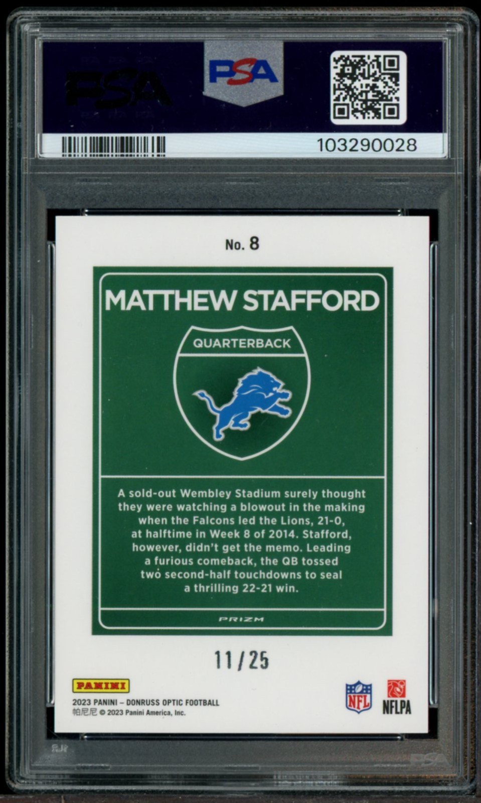 2023 Donruss Optic Int'l Downtown Black Pandora Matthew Stafford AUTO /25 PSA 9 view 2