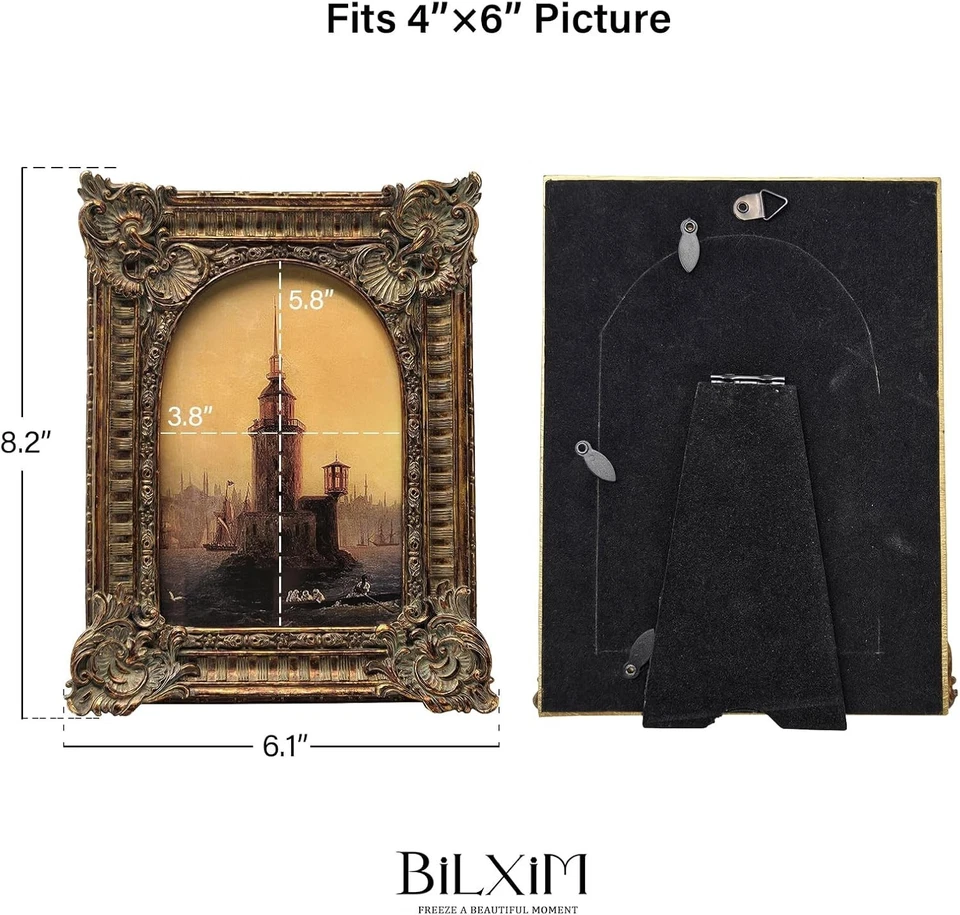 Marco de fotos vintage 4x6, marco de fotos arqueado ornamentado dorado bronce antiguo Foto 3 de 4