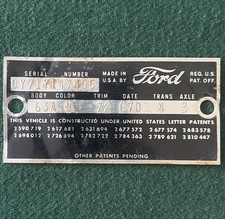 1960 Ford Thunderbird Hardtop Original Data Plate Id Tag Serial Number