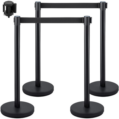 Black Retractable Belt Stanchion Set with Concrete Base - 4 Pack