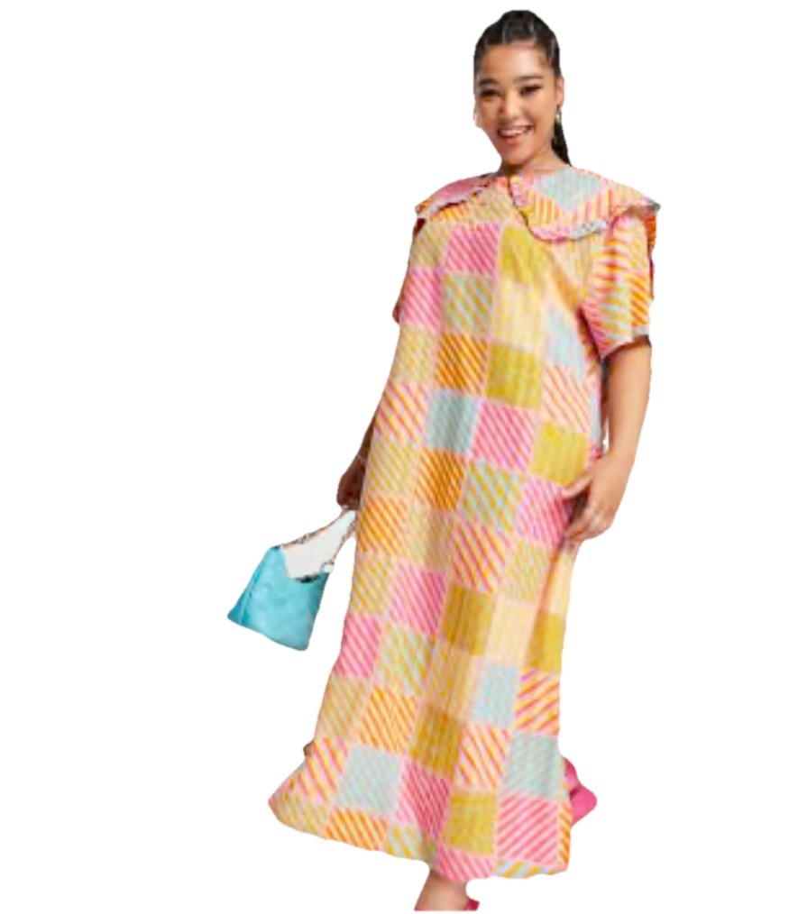 Maxi Vestido NATIVE YOUTH Asos Talla Grande 20 Cuello Plisado y Cuadros Texturizados