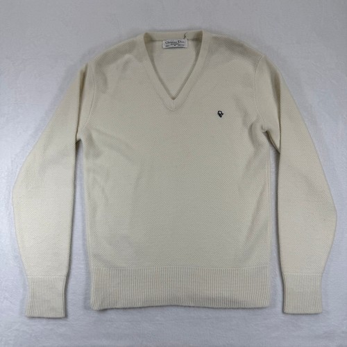 Christian Dior Monsieur, Vtg Christian Dior Monsieur V Neck Sweater Cream Acrylic Size M made in USA