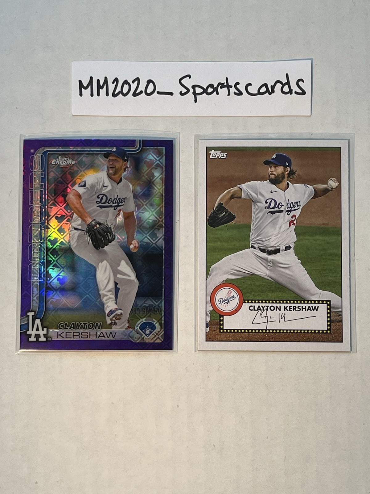 Clayton Kershaw /250 2025 Topps Chrome PURPLE LOGOFRACTOR REFRACTOR & 2021 T52