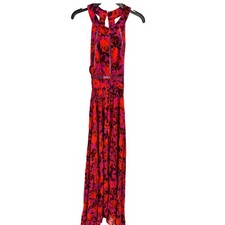 Abel The Label Floral Maxi Dress Open Back Halter Neck Smocked Pink Orange S