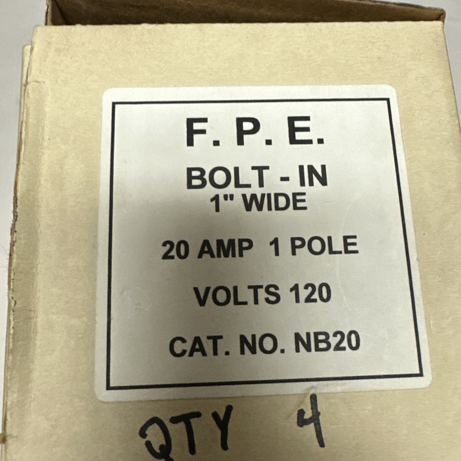 Federal Pacific Electric,NB20,20 Amp 1 Pole Snap On Circuit Breaker LOT of 4