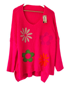 Made In Italy Damen Oversize Pullover Pulli mit Blumenapplikation V-Ausschnitt One Size