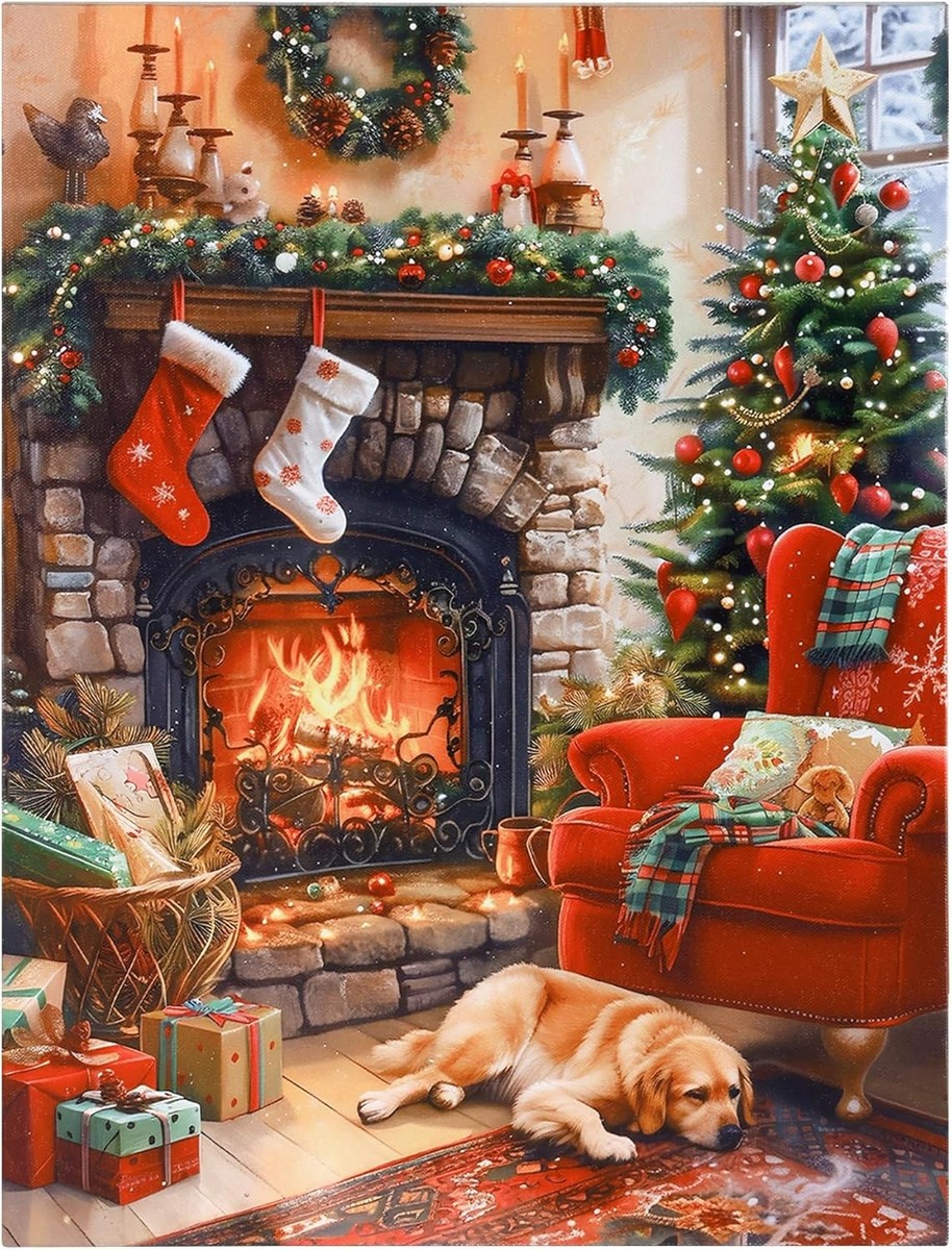 12x16 Christmas LED Canvas Print Wall Decor, Golden Retriever