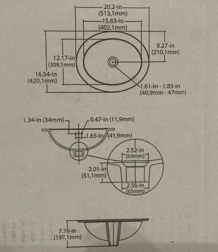 Fregadero de baño blanco ovalado allen + roth vítreo China (20 pulgadas x 16,5 pulgadas) - Imagen 4 de 6