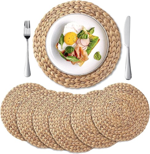 6 Pack, Round Woven Placemats, Natural Water Hyacinth Place mats, Braided Straw - Picture 3 of 4