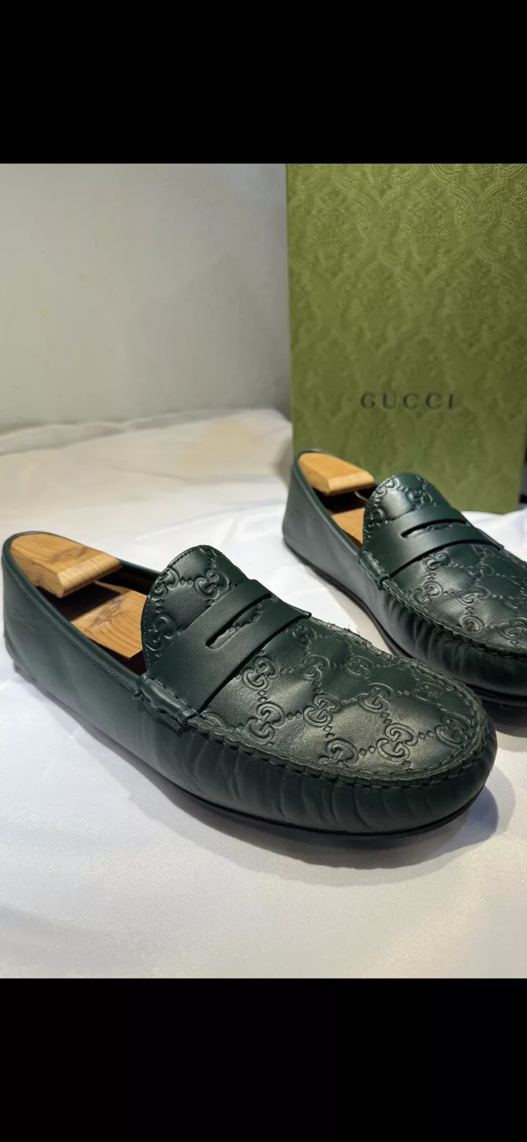 Gucci GG Supreme Logo Cuir Pilotes / Mocassins Vert US 11   Difficile à trouver !