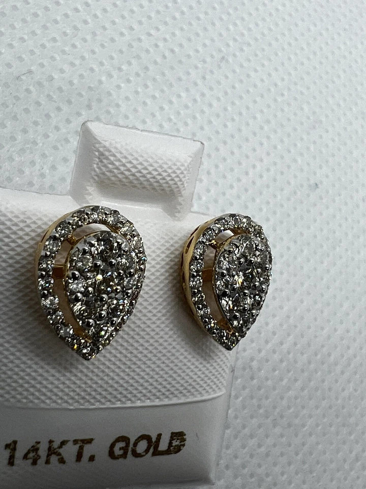 0.74 ct 14k Solid Yellow Gold Natural Diamond Earring Stud Pear shape Cluster - Image 3 of 4