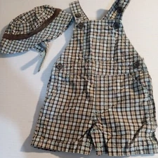 Gymboree Baby Boys Short Bib overalls/Matching Hat. Brown/light blue plaid. EUC!