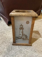 Vtg Wooden Tealight Saltbox Lantern Lighthouse Sandblast Glass Panel Table Hang
