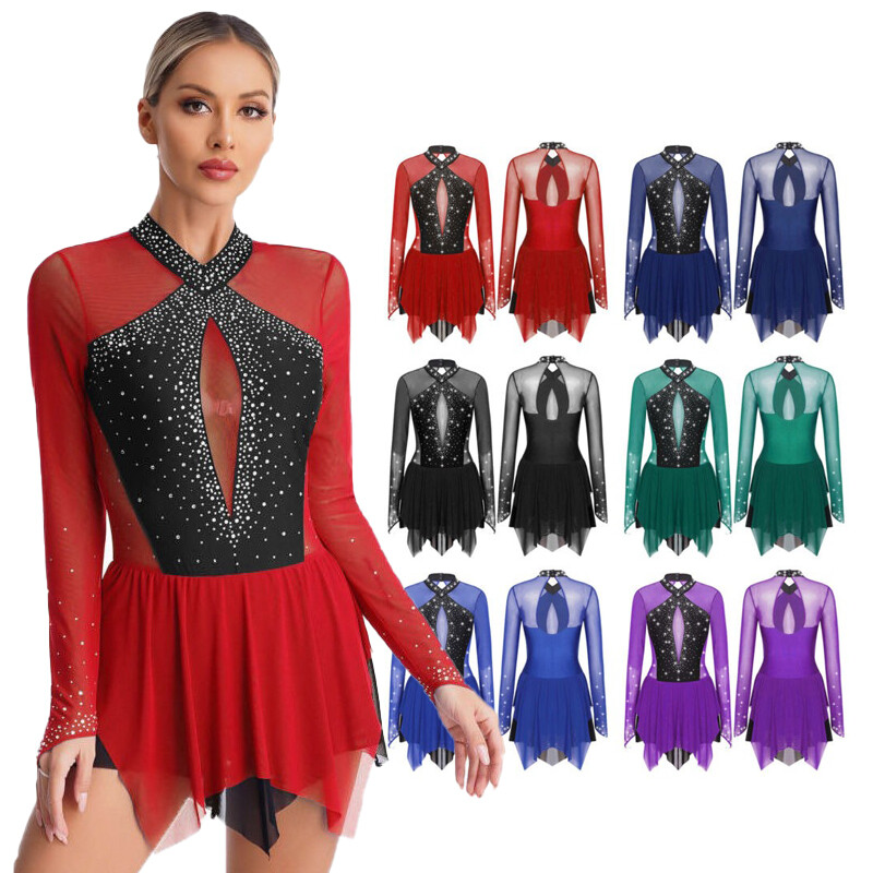 DE Damen Tanzkleid Langärmliges Eiskunstlauf Kleider Druckknöpfen Balettkleider