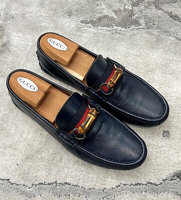 Authentic Gucci Web Bamboo Horsebit Navy Blue Leather Men Loafer