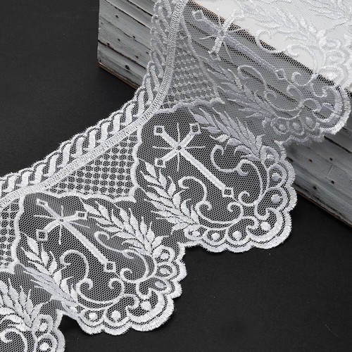 2-Yards White Embroidered Tulle Cross Church lace Trim, 4-3/4 Inch, TR-12224 - Picture 2 of 3