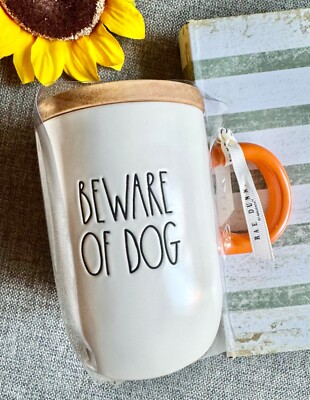 New Rae Dunn BEWARE OF DOG Ceramic Coffee Mug Cup w/ Wooden Lid & Orange Handle