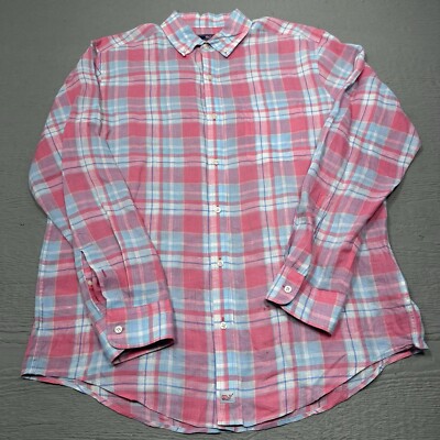 Vineyard Vines Linen Shirt Mens Large Pink Plaid Long Sleeve Button Down