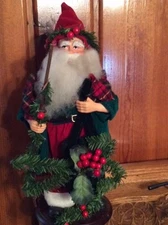 Primitive Country Holiday Plush 12" Santa Claus Plaid Scarf on Wood Base NEW