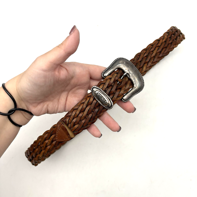 Vintage 80s 90s Guess Brown Genuine Woven Leather Western Belt Size M Up to 32"