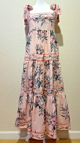 Tiered Dress Cottagecore Floral Feminine Tie Shoulder Pink Prairie Size M Read - 第 1/12 張圖片