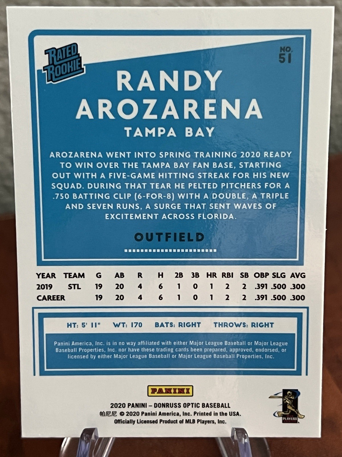 2020 Panini Donruss Optic - Rated Rookies Randy Arozarena #51 (RC) view 2