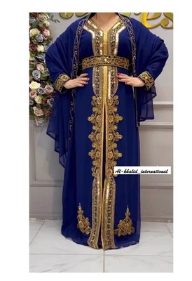 Robe caftan marocaine Georgette Abaya élégante Dubaï Farasha bleu royal... - Photo 1/4