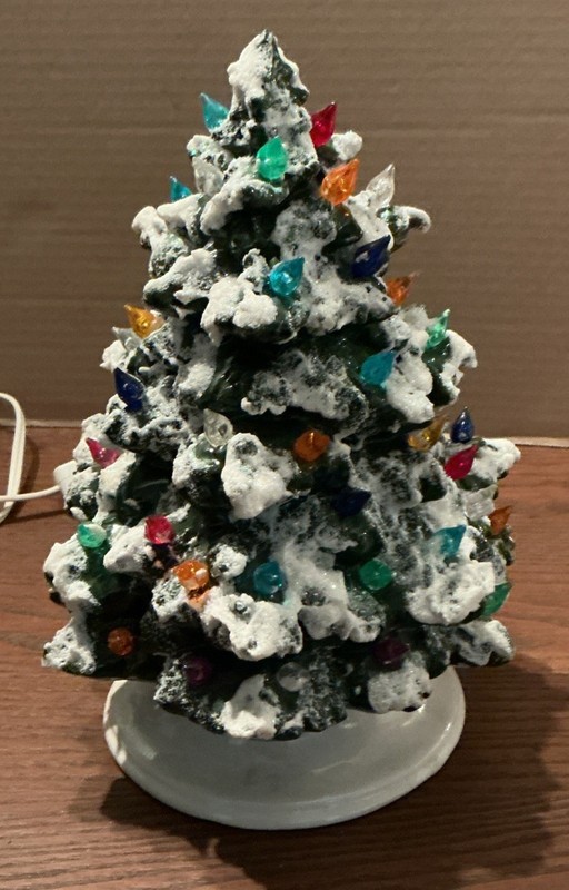 Vintage 9 Inch Ceramic Lighted Christmas Tree Flocked With Bulbs 