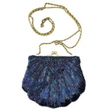 La Regale Vintage Iridescent Blue Beaded Gold Chain Kiss-Lock Evening Bag Clutch