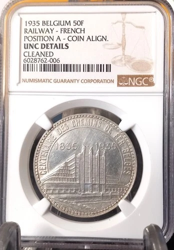 BELGIUM 1935 50 FRANCS NGC UNC DETAILS