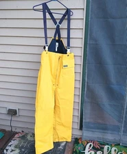 Vintage Lands End Size Medium Yellow Fisherman Overalls Pants Crab Fishing