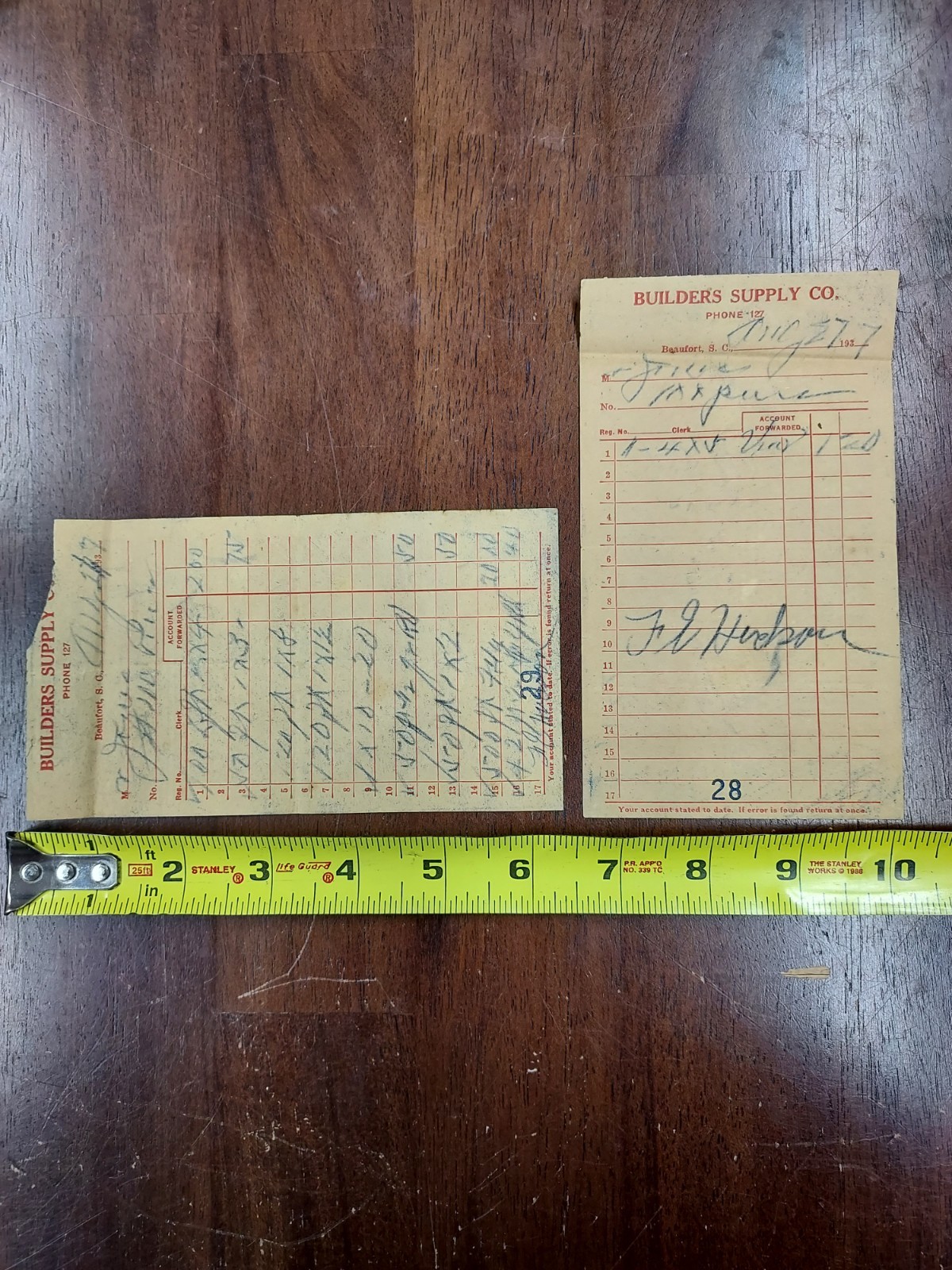 Vintage Hardware & Lumber Invoices 1937 Beaufort SC Lot of 10