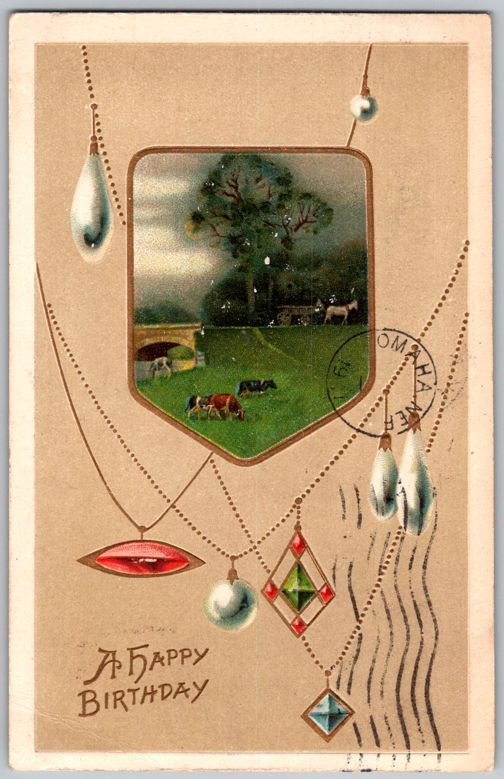 Antique Postcard Jewelry Motif Birthday Greeting Omaha, Ne, US 1910s