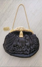 Vtg 1950s Made n France Black Satin Evening Bag Ornate Beaded Gold Frame Clutch