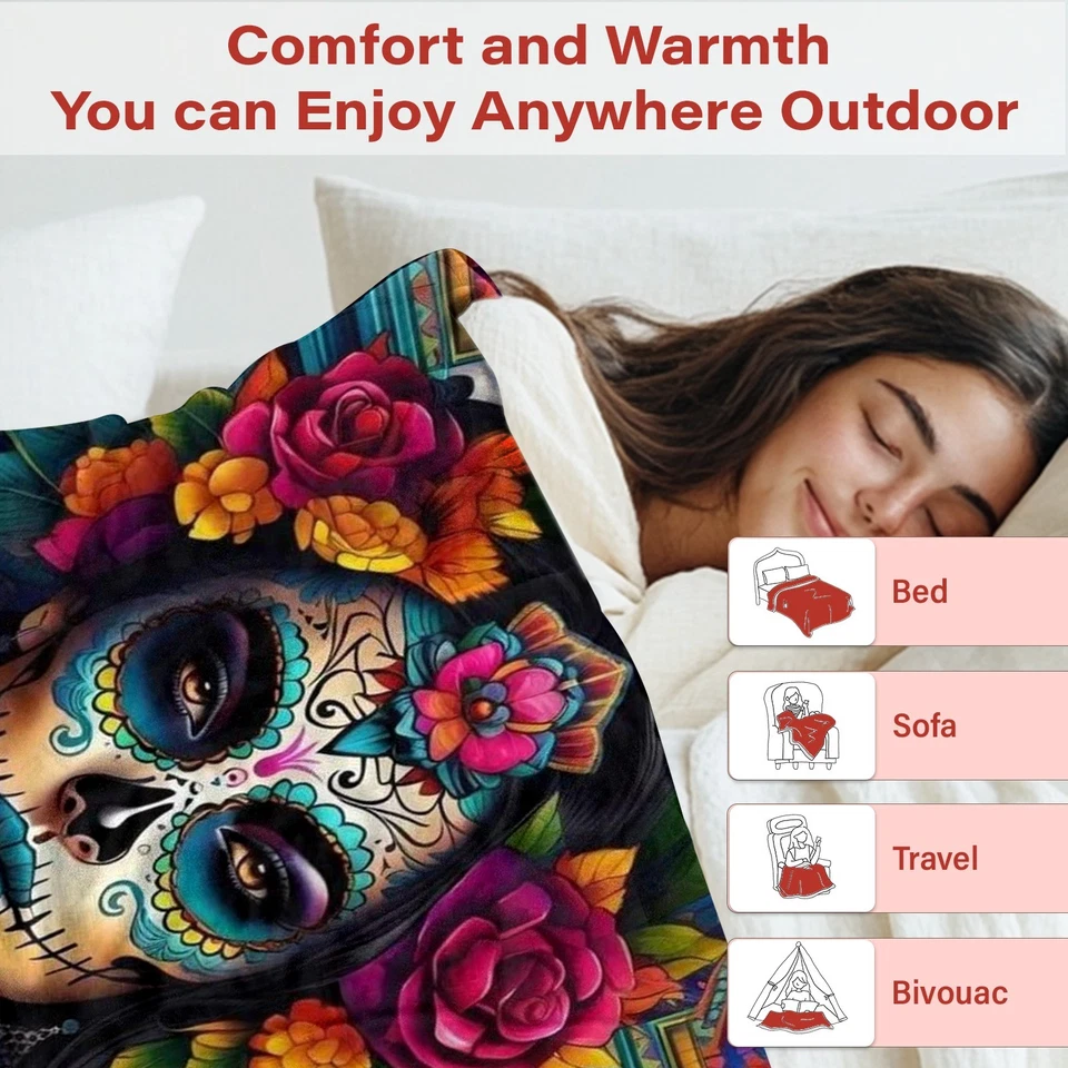 1件装糖骷髅法兰绒毯-墨西哥死亡日设计带卡拉维拉 — 第 3/4 张图片