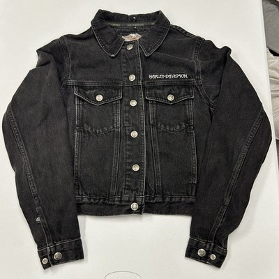 Harley Davidson Denim Jacket Womens S Black Good Embossed Eagle Made in USA