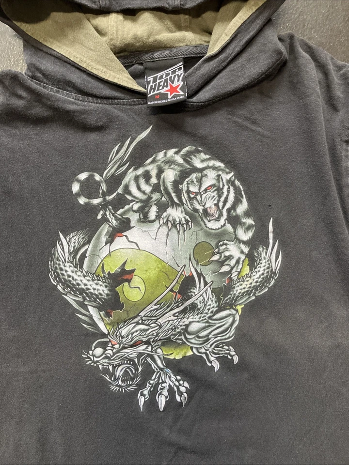 De colección Y2K Top Heavy Dragon Tiger Yinyang Manga Larga Sudadera con Capucha Camisa Negra Juvenil M Foto 2 de 4