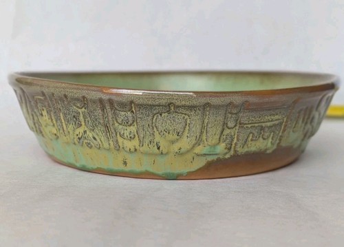 Vintage Frankoma Pottery 8" Round Mayan Aztec Serving Bowl Prairie Green #7N - Picture 7 of 11