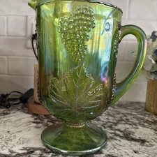 Vintage Indiana Carnival Glass Pitcher – Green Iridescent Harvest Grape Pattern