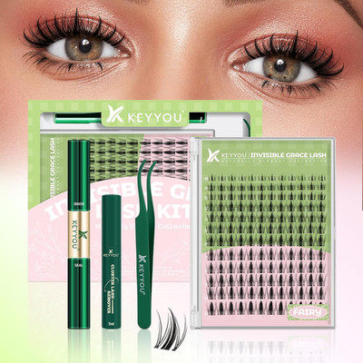 KEYYOU Fairy Lash Clusters Kit, Manga Eyelash Extension Kit at Home, 144Pcs D Cu