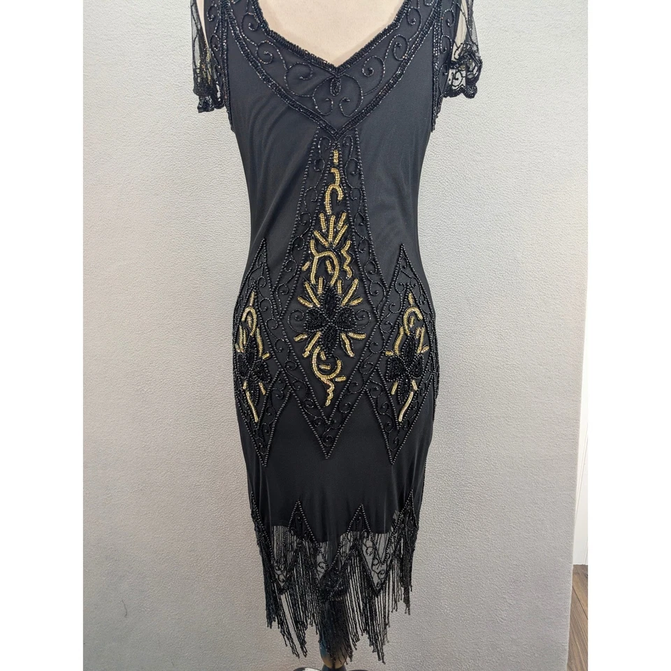 Vestido Gatsby Dama Londres Negro Cuentas Lentejuelas Flecos Aleta Cuello en V Fiesta Talla 6 Foto 4 de 4